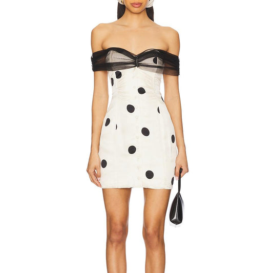 Summer Women off Neck Hip Dress Slim Fit Buttoned Mesh Stitching Polka Dot Tube Top Dress Bella Mia
