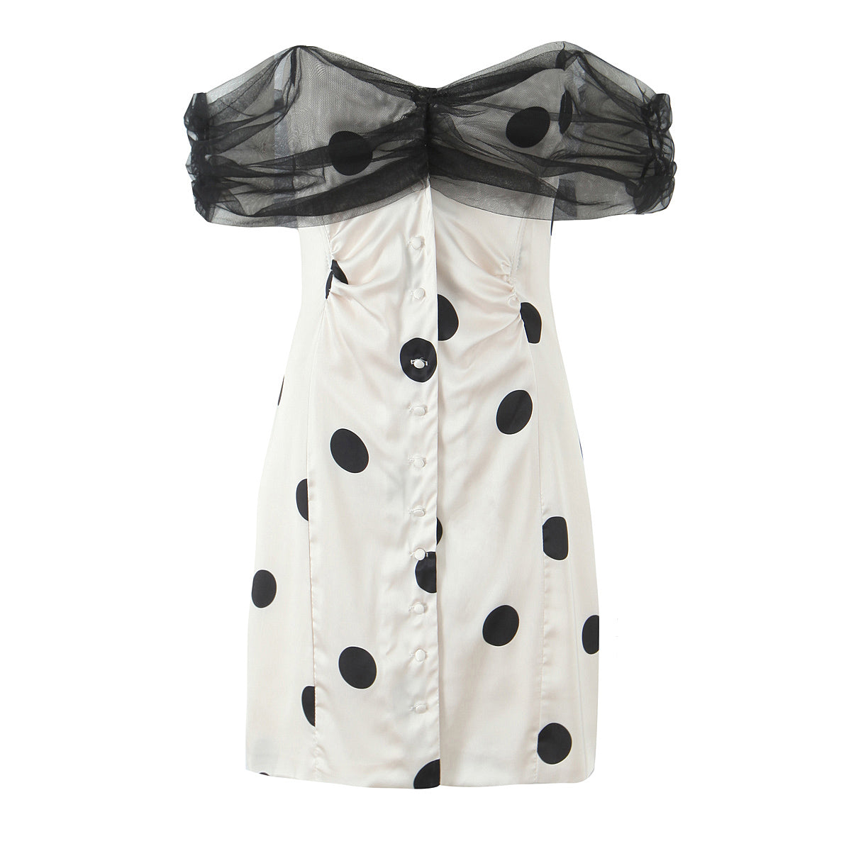 Summer Women off Neck Hip Dress Slim Fit Buttoned Mesh Stitching Polka Dot Tube Top Dress Bella Mia