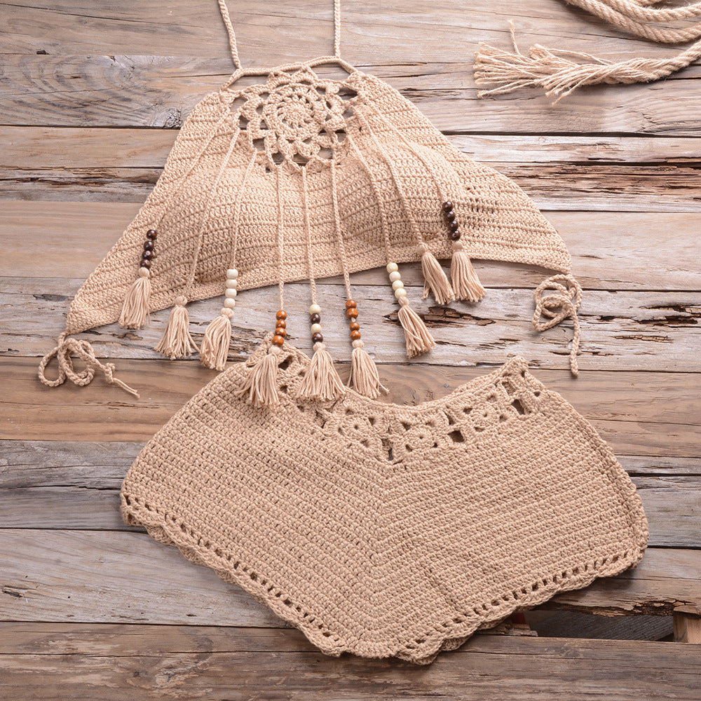 Hand-Wrapped Chest Bohemian Tassel Hollow Out Cutout Bikini Matching Hollow Out Cutout Stretch Shorts Bella Mia