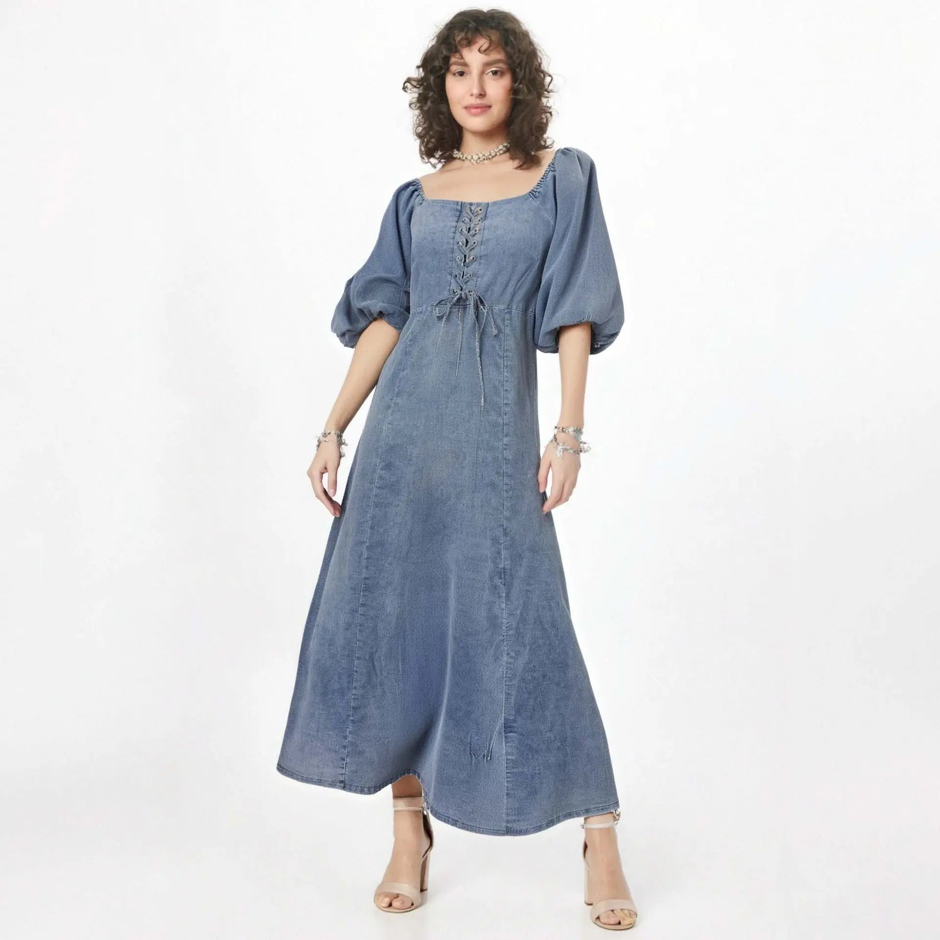 Square Neck Denim Midi A Line Dress With Puff Sleeves Zipper And Lace Up Bella Mia