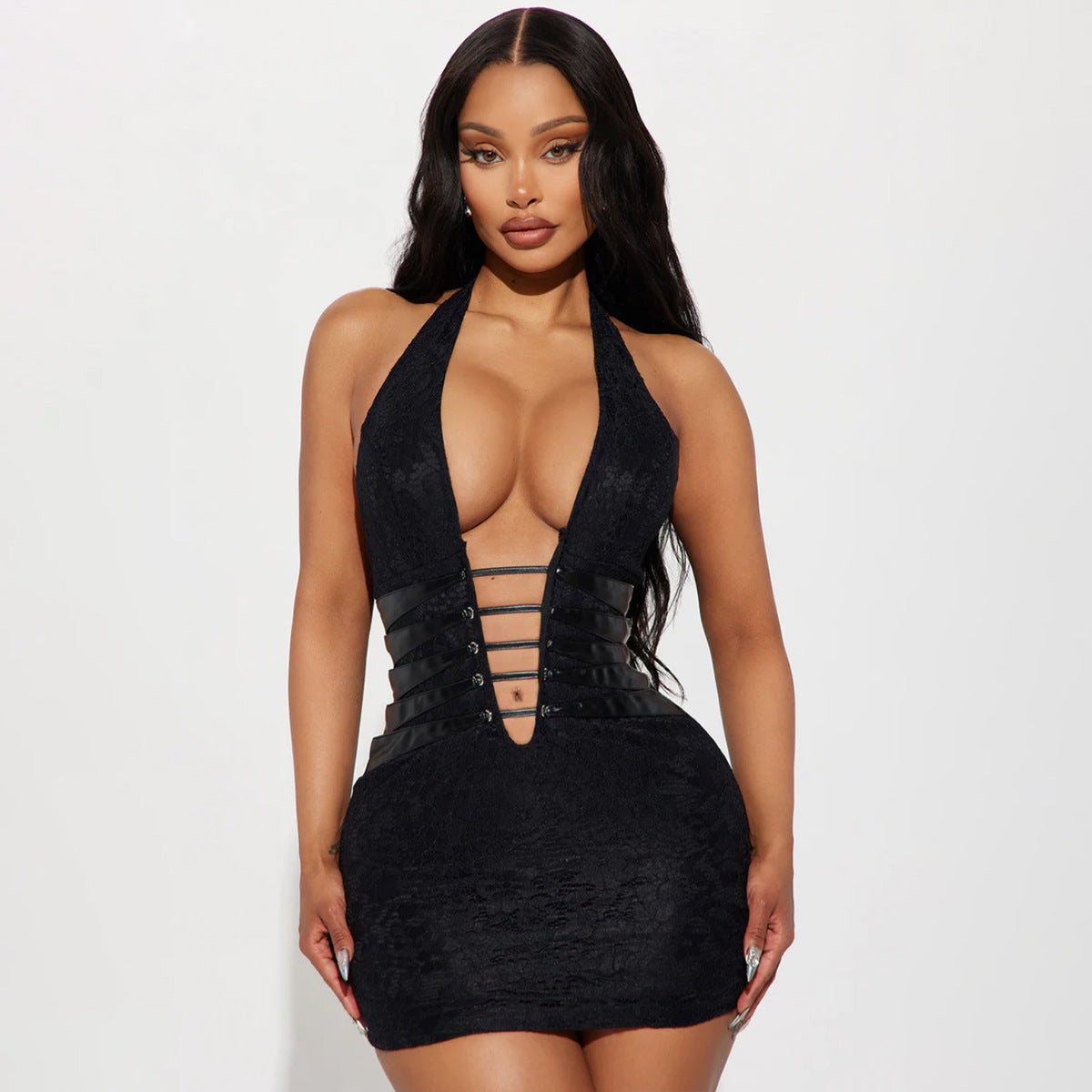 Women Sexy Deep V Plunge Hollow Out Cutout Backless Night Club Halter Sheath Dress Bella Mia