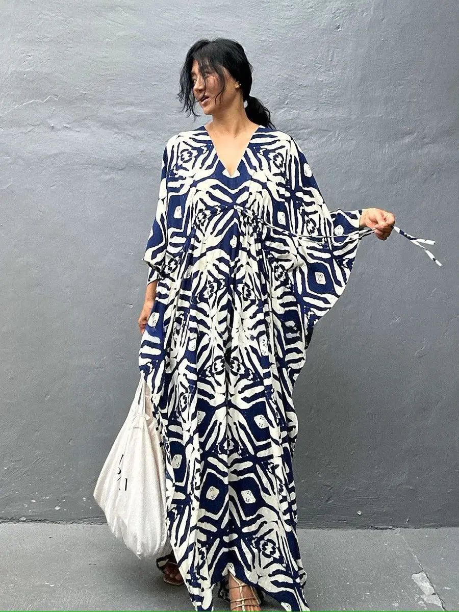 Boho Printed Beach Dress With Drawstring Tie Maxi Cover Up For Women Bella Mia
