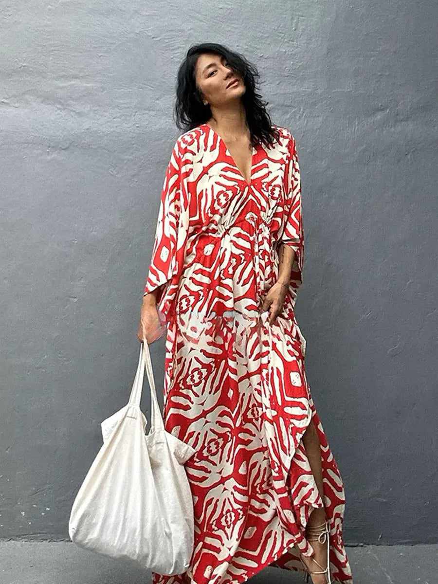 Boho Printed Beach Dress With Drawstring Tie Maxi Cover Up For Women Bella Mia