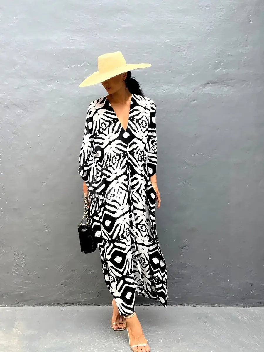 Boho Printed Beach Dress With Drawstring Tie Maxi Cover Up For Women Bella Mia