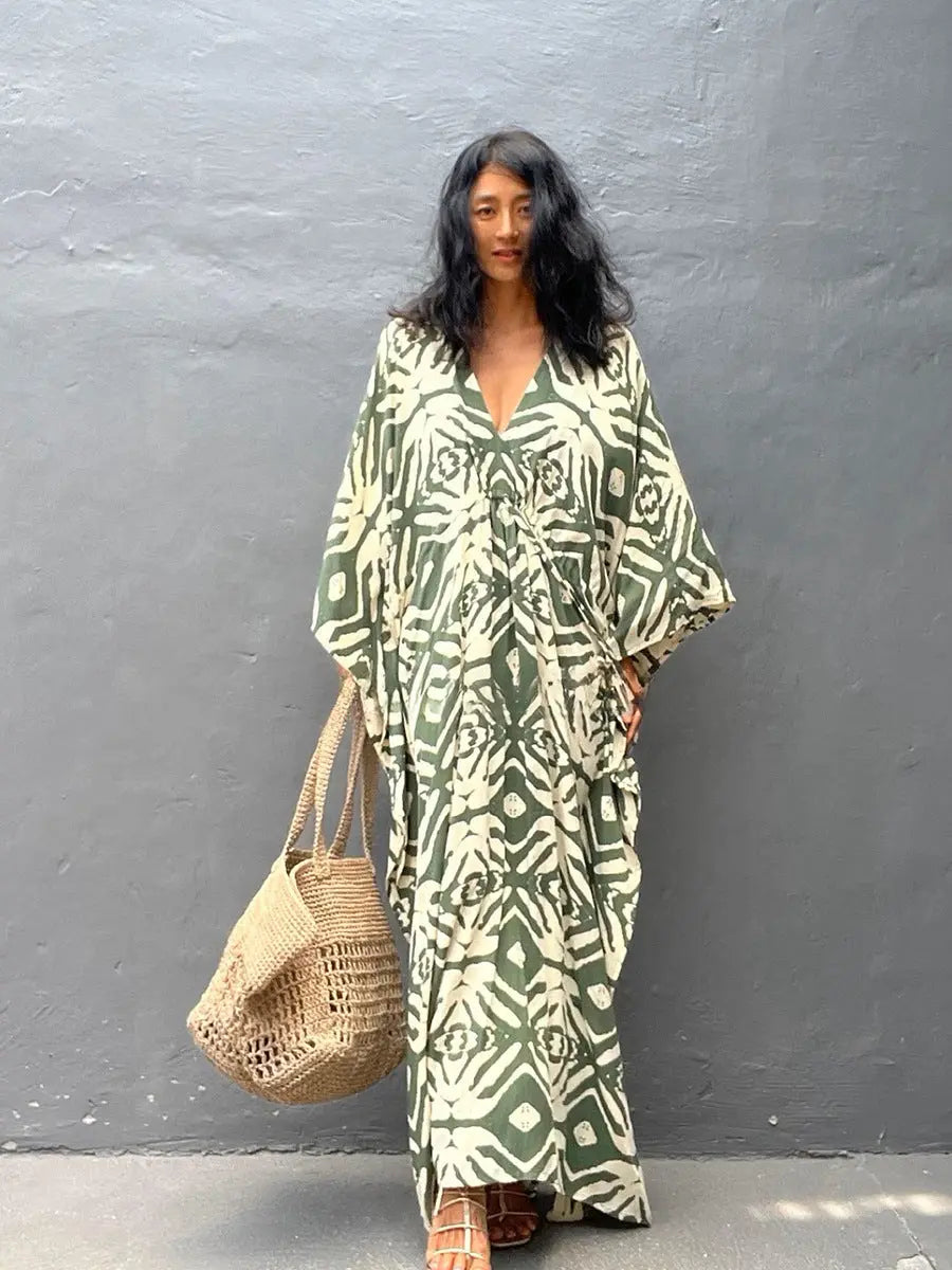 Boho Printed Beach Dress With Drawstring Tie Maxi Cover Up For Women Bella Mia