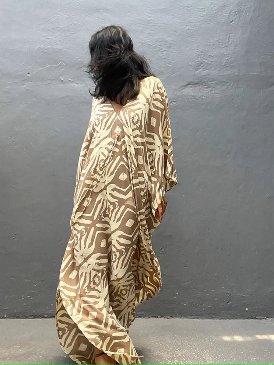 Boho Printed Beach Dress With Drawstring Tie Maxi Cover Up For Women Bella Mia