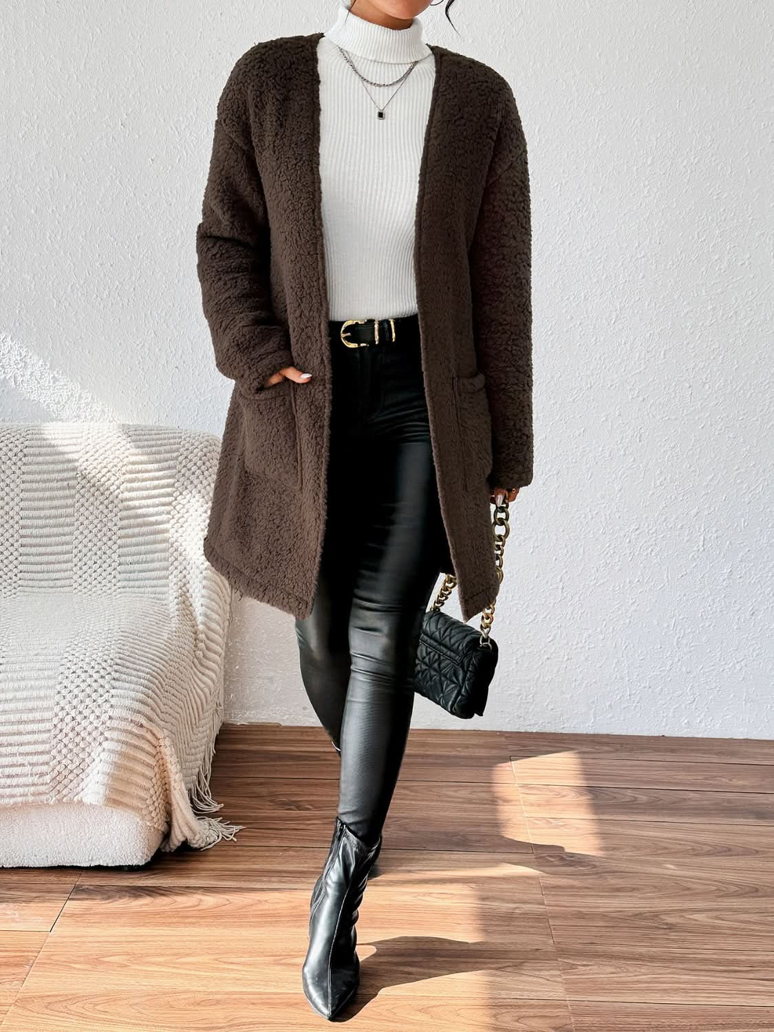 Chic open front long sleeve winter coat with pockets