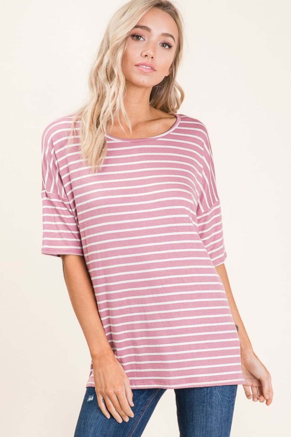 BOMBOM Striped Round Neck Half Sleeve T-Shirt.