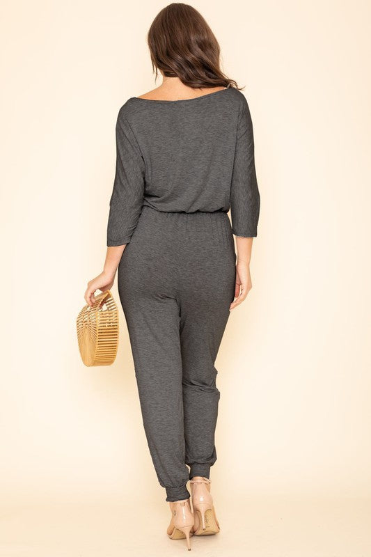 Plus Quarter Sleeve Boat Neck Blouson Jumpsuit