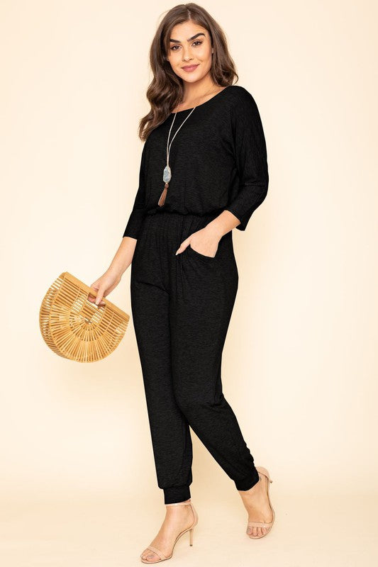 Plus Quarter Sleeve Boat Neck Blouson Jumpsuit