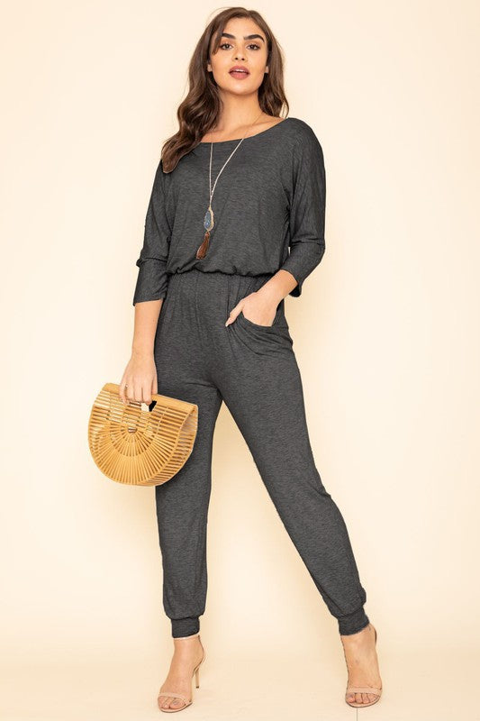 Plus Quarter Sleeve Boat Neck Blouson Jumpsuit