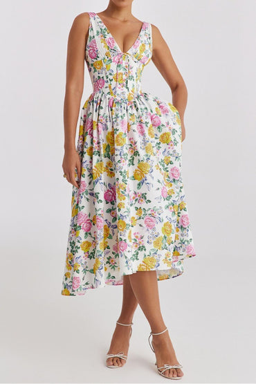 Garden Muse V-Neck Midi Dress with Pockets