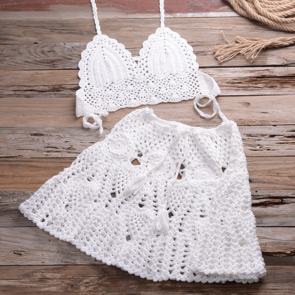 Hand Crocheting Bikini Wrapped Chest with Sexy All-Matching Hollow Out Cutout Pleated Skirt Split Swimsuit Bella Mia