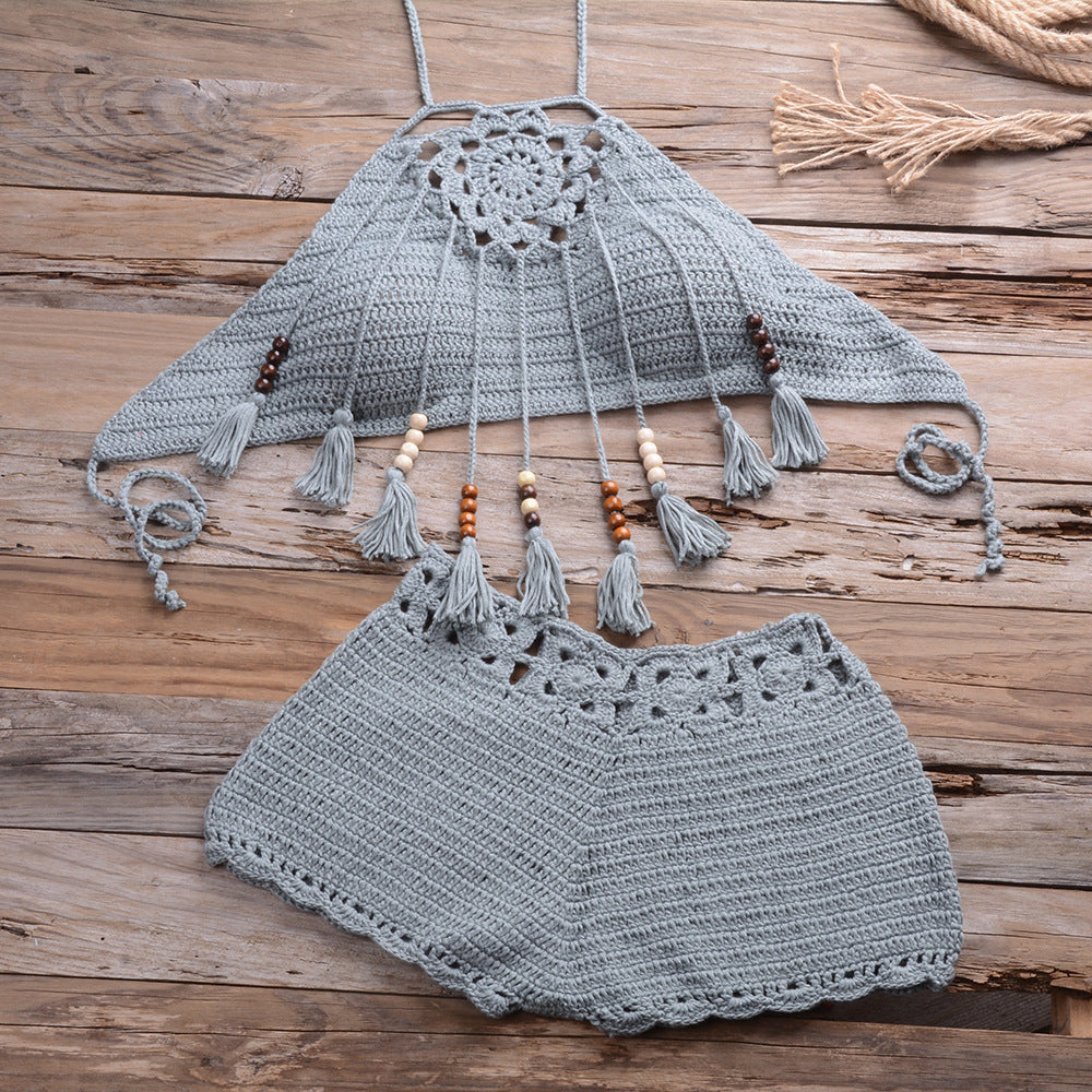 Hand-Wrapped Chest Bohemian Tassel Hollow Out Cutout Bikini Matching Hollow Out Cutout Stretch Shorts Bella Mia