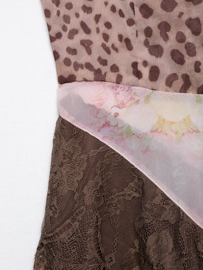 Women Clothing Color Contrast Printed Lace Slim Fit Patchwork Split Sling Dress