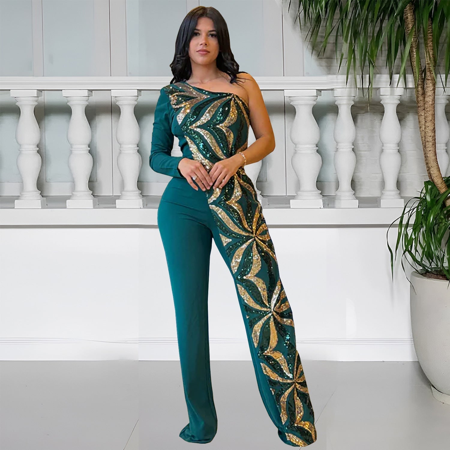 Women Wear Elegant Bodycon One Shoulder Bead Bag Arm Jumpsuit Bella Mia