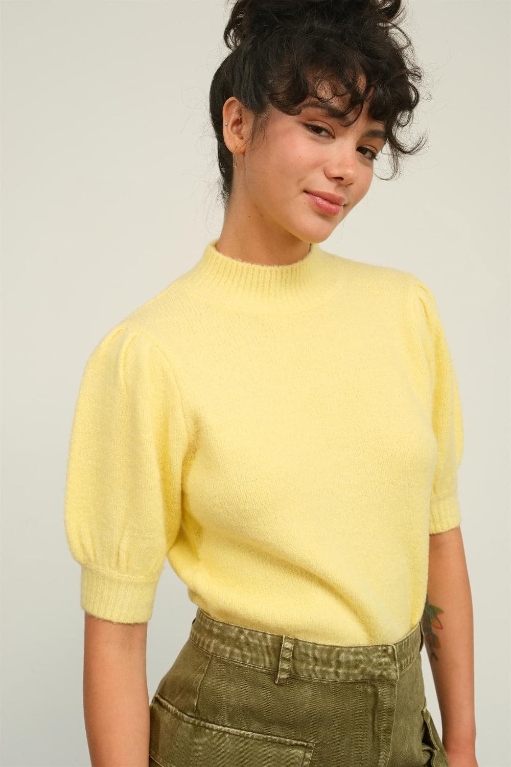 HYFVE Mock Neck Puff Sleeve Sweater.