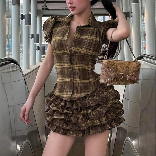 Korean Sweet Girl Preppy Plaid Puff Sleeve Shirt Irregular Asymmetric Hem Waist Slimming Single Breasted Cardigan Top Skirt Sets Bella Mia