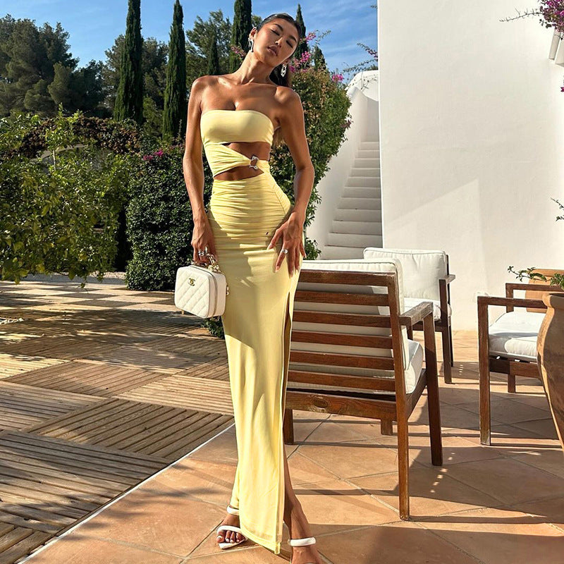 Tube Top Sexy Hollow Out Cutout Split Yellow Dress Women Vacation Sexy Slim Fit Maxi Dress Bella Mia