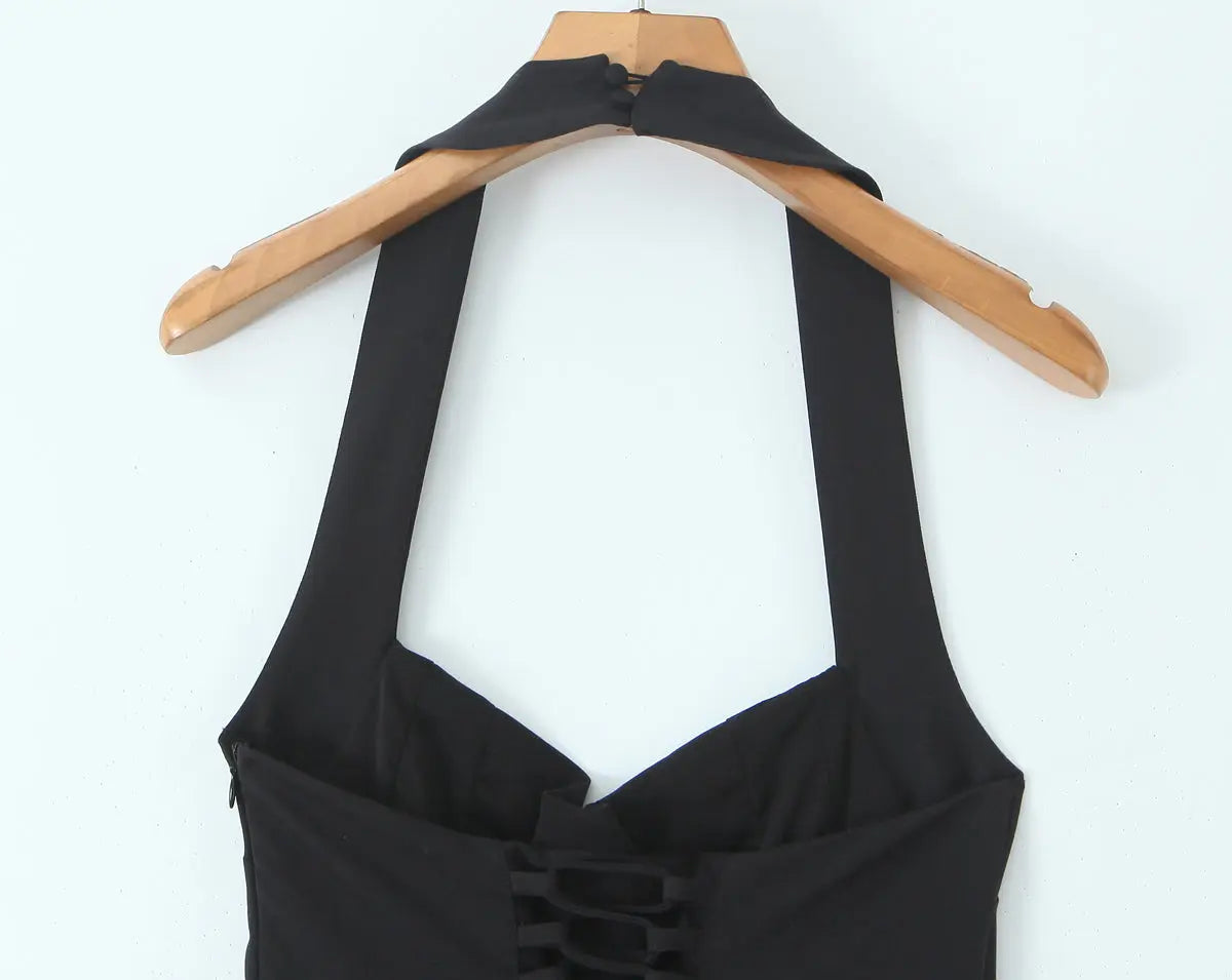 Summer Hepburn Gold Elegant Little Black Dress Women Waist Trimming Lace up Sexy Halter Dress Bella Mia