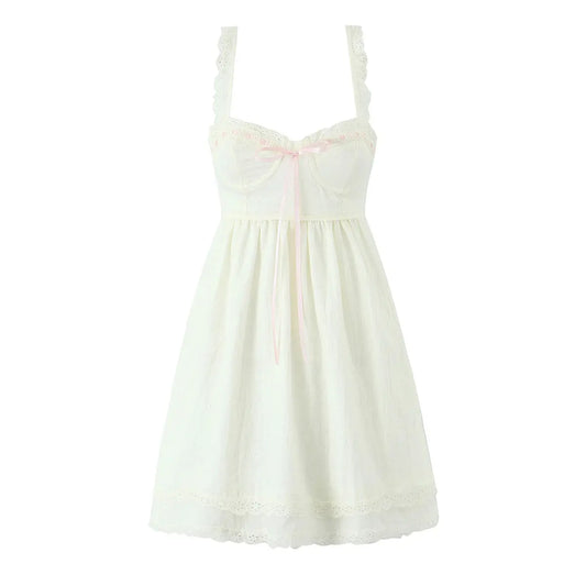 French Slim Fit V neck Lace Lace up Waist Controlled A line Sling Dress Bella Mia