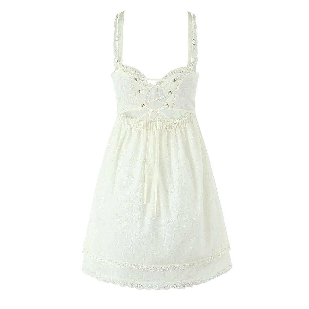 French Slim Fit V neck Lace Lace up Waist Controlled A line Sling Dress Bella Mia