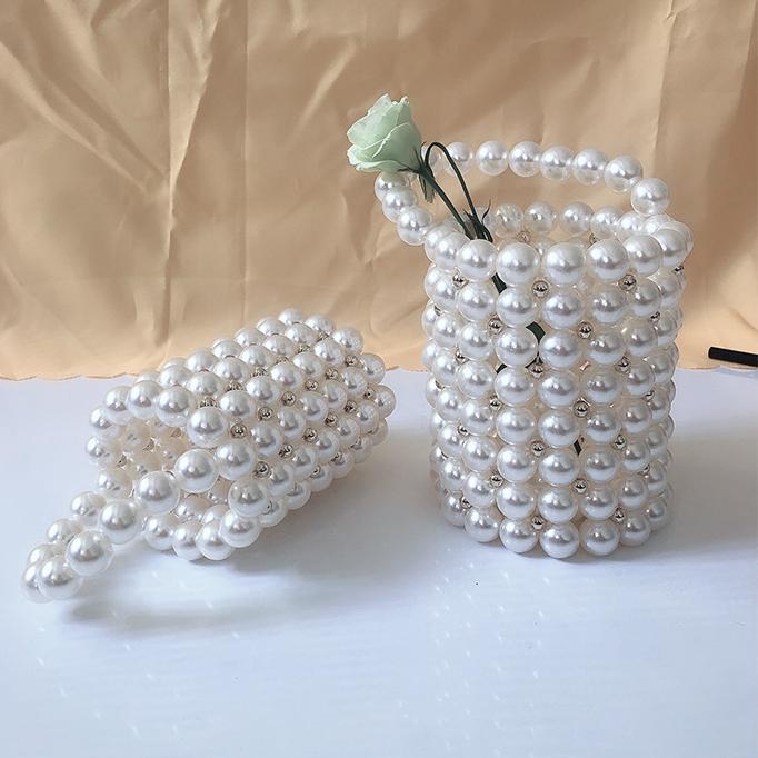 Hand Woven Imitation Pearl Handbag Stylish round Women Bucket Bag Hand Held Hollow Out Cutout Pen Holder Bag Bella Mia