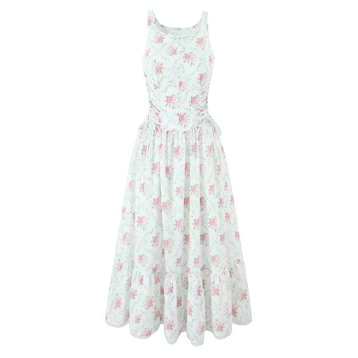 Summer Cream Rose Printed Lace up Mid Length Sling Dress Bella Mia