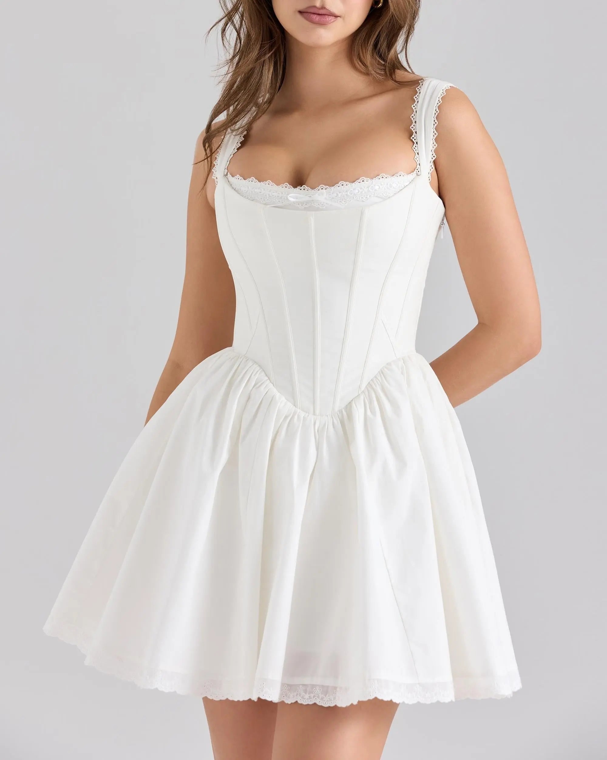 Sweet Lace Chic Bow Short Dress Square Collar Sexy Slim Mini Dress Bella Mia