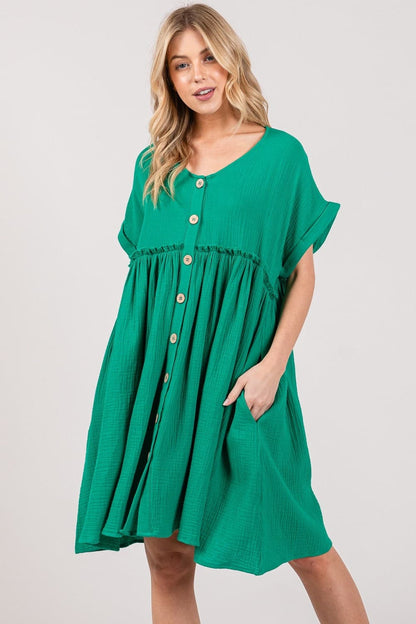 SAGE + FIG Full Size Button Up Short Sleeve Dress.