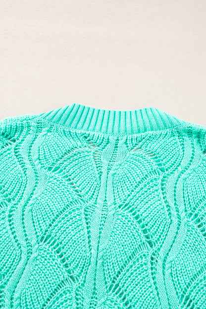 Chic mint green v-neck hollow-out knit sweater with drop shoulders