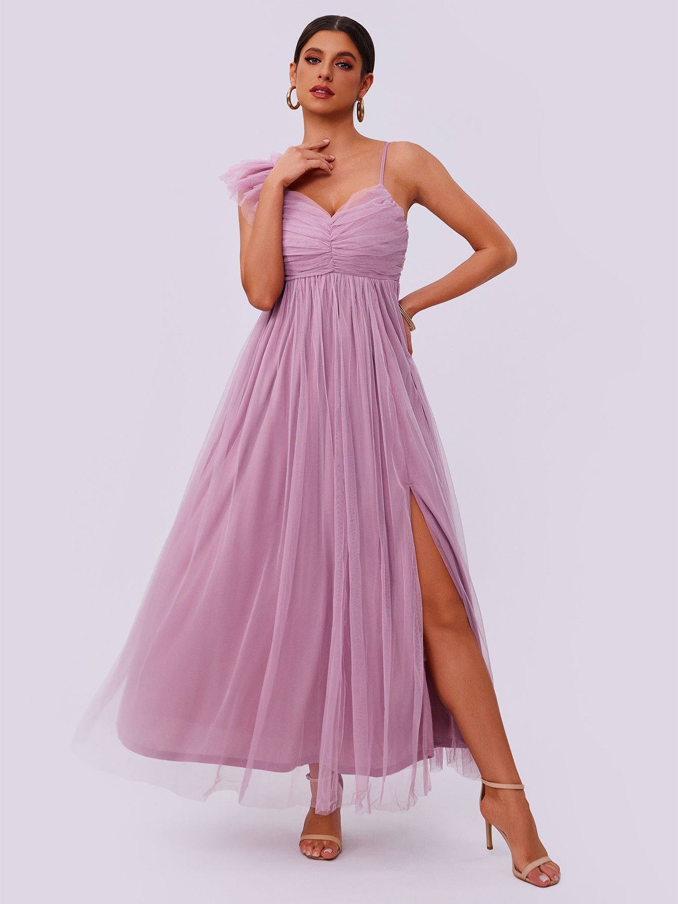 Mesh Sand Split Solid Color Dress
