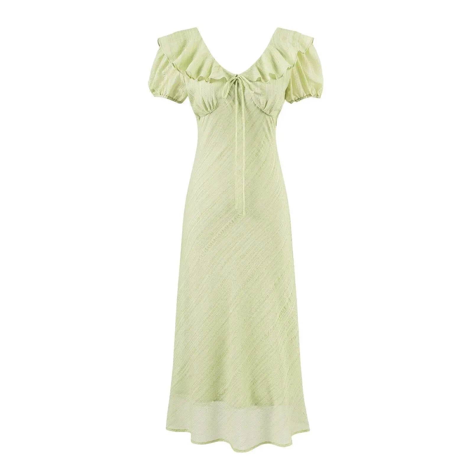 Tea Break Green Midi Dress For Women V Neck Puff Sleeve Ruched Tie Ruffled Bella Mia