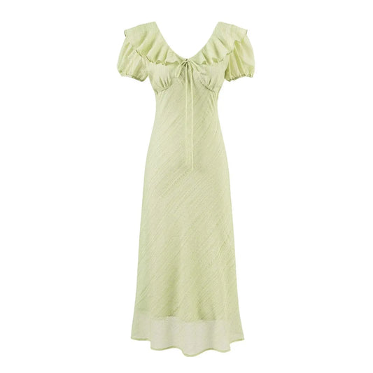 Tea Break Green Midi Dress For Women V Neck Puff Sleeve Ruched Tie Ruffled Bella Mia