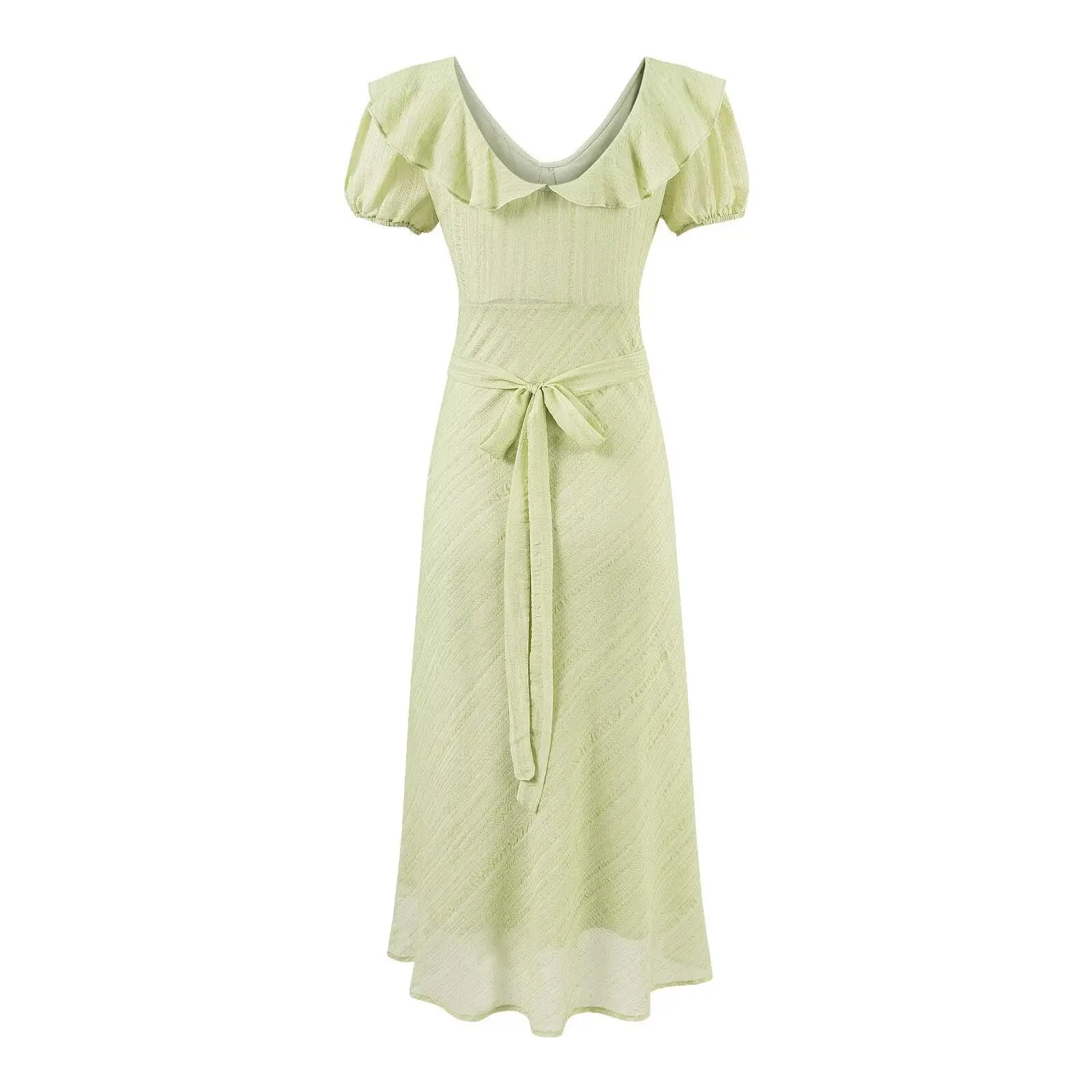 Tea Break Green Midi Dress For Women V Neck Puff Sleeve Ruched Tie Ruffled Bella Mia