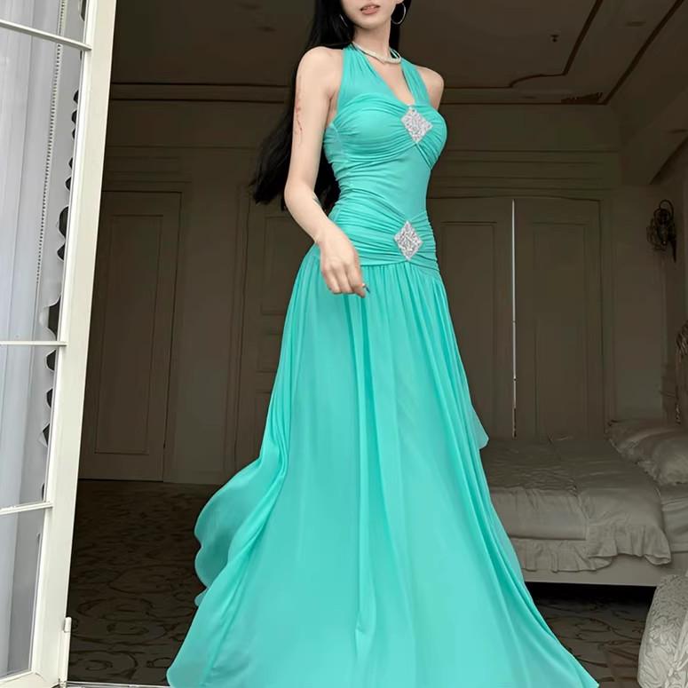 Summer Women Clothing High Elastic Mesh Beads Decoration Large Swing Lace up Halterneck Dress Bella Mia