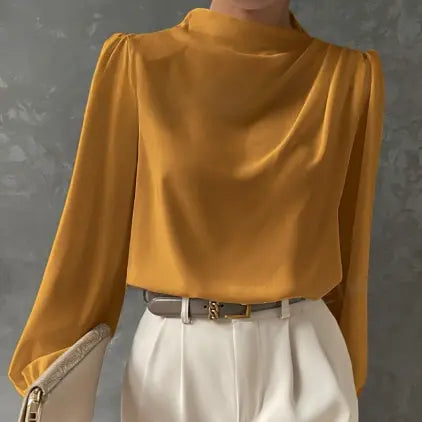 Solid Color Pleated Women Shirt Elegant Pullover Satin Top Office Long Sleeve Top Bella Mia
