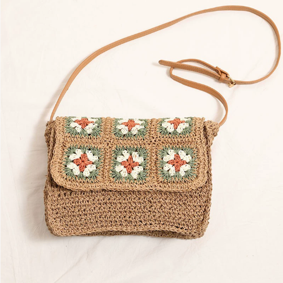 Floral Crossbody Straw Bag One Shoulder Flap Woven Bag Vacation Beach Bag Niche Women Bag Bella Mia