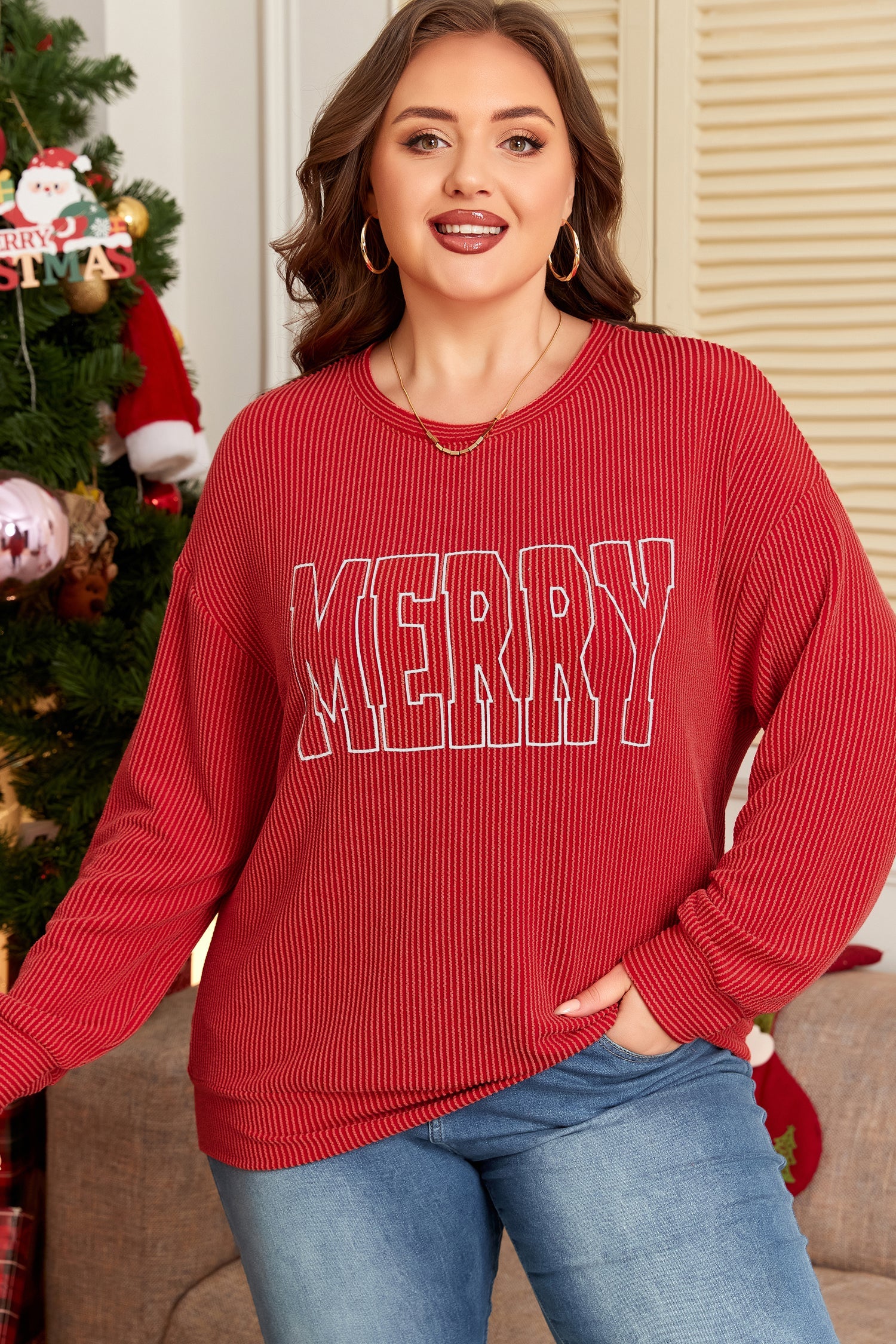 Fiery Red Twist Ribbed Merry Letter Graphic Plus Size Pullover Dear-Lover Dropshipping