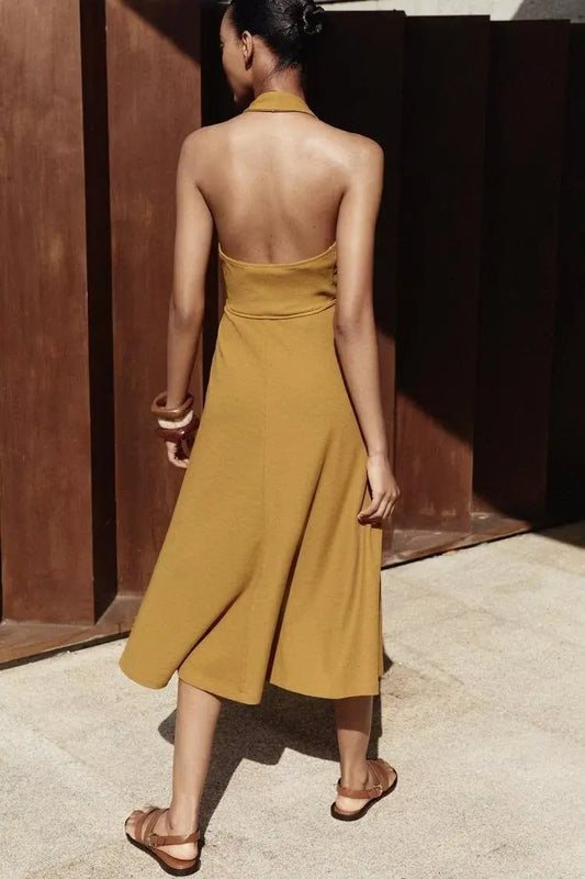 Women's Halter Neck Backless Belted Ruched Polyester Slim A Line Midi Dress Bella Mia