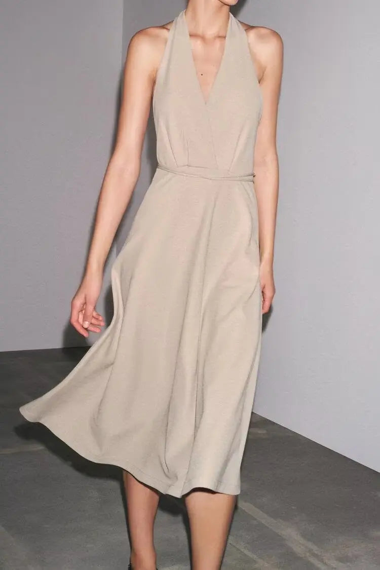 Women's Halter Neck Backless Belted Ruched Polyester Slim A Line Midi Dress Bella Mia