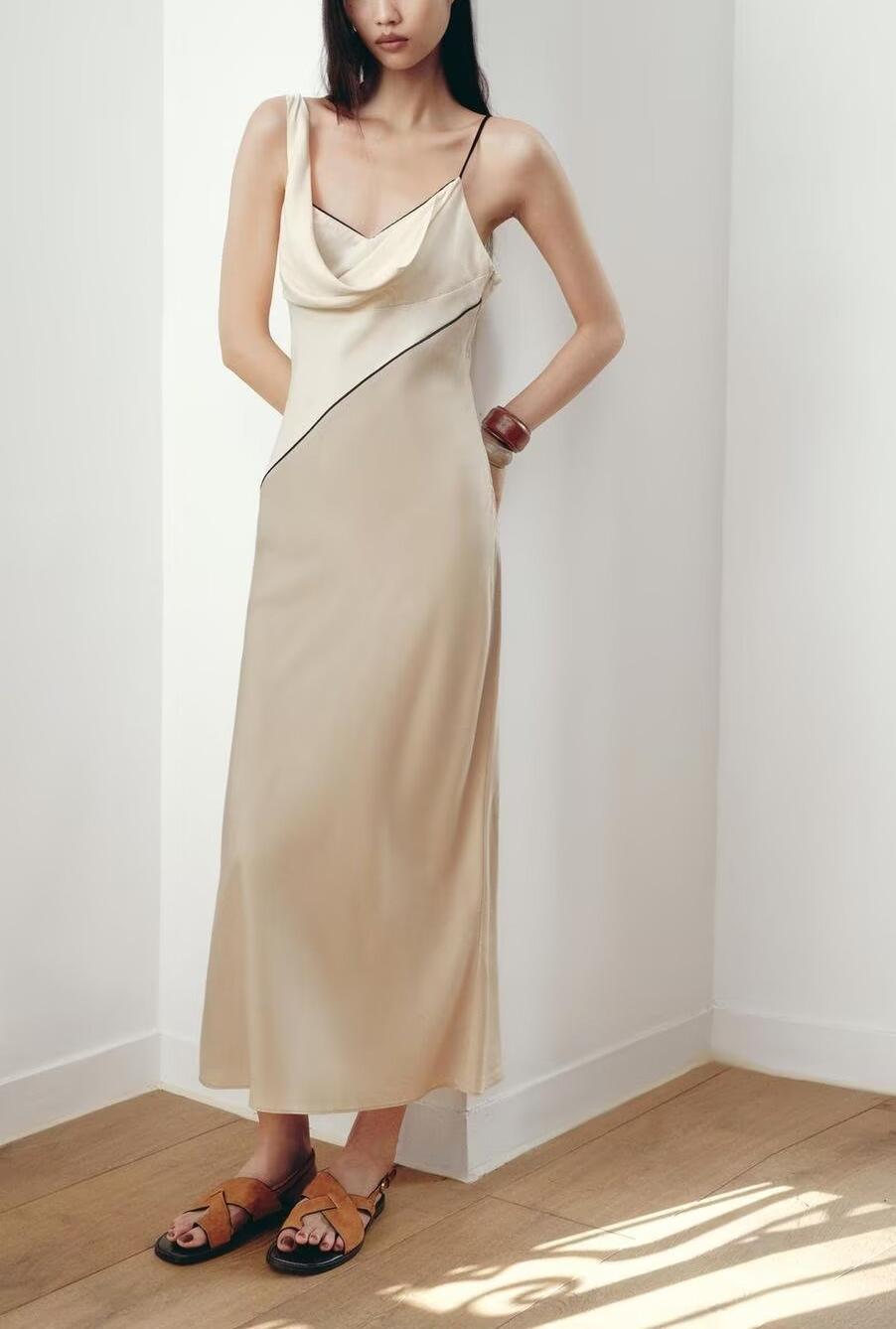 Women Clothing Summer Elegant Sexy V neck Mid Length Strap Stitching Midi Dress Bella Mia