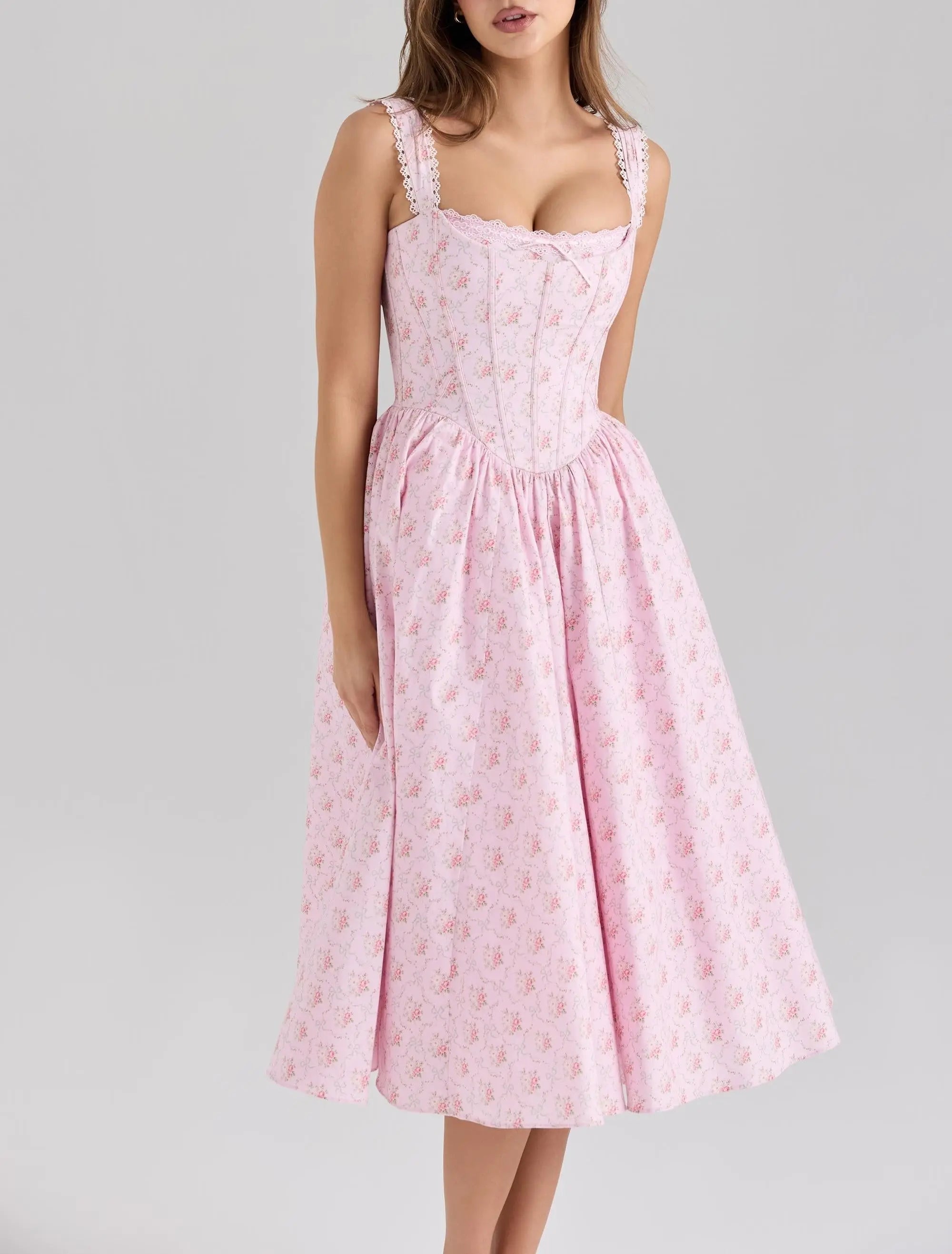 Elegant Floral Lace Lace Sling Dress Dress Summer Cinched Waist Slim Fit Midi Dress Women Bella Mia