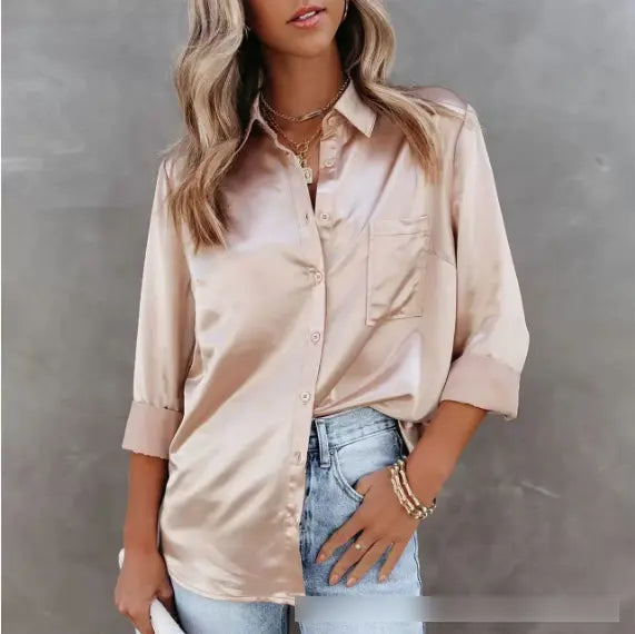 Solid Color Satin Office Shirt Long Sleeve Collared Pocket Bella Mia
