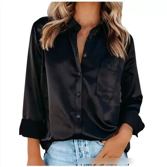 Solid Color Satin Office Shirt Long Sleeve Collared Pocket Bella Mia