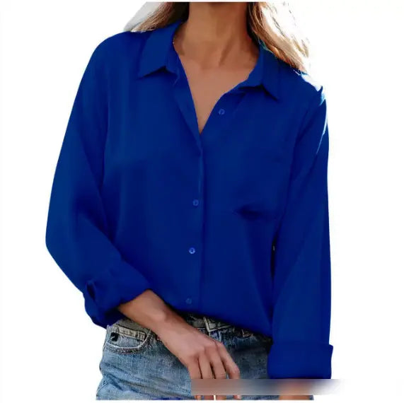 Solid Color Satin Office Shirt Long Sleeve Collared Pocket Bella Mia