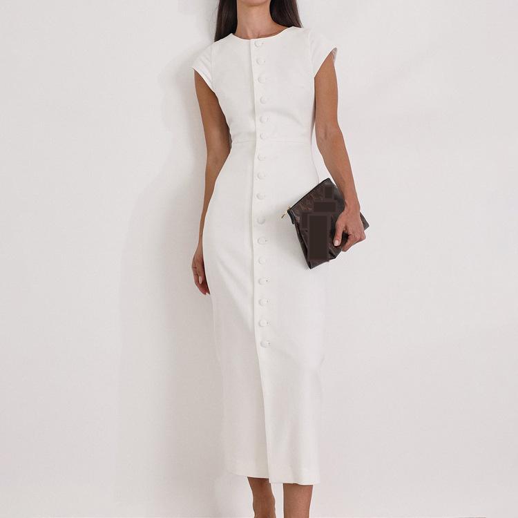 Round Neck Flying Sleeves Dress Women Elegant Waist Single Breasted White Sheath Dress Bella Mia