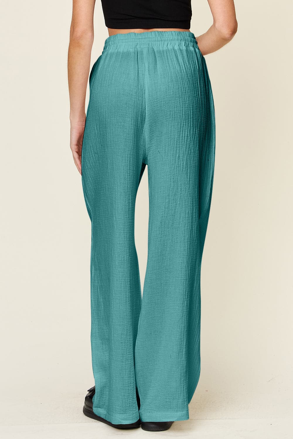 Double Take Full Size Texture Drawstring Wide Leg Pants.