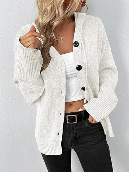 Button Up Drawstring Long Sleeve Hooded Cardigan.