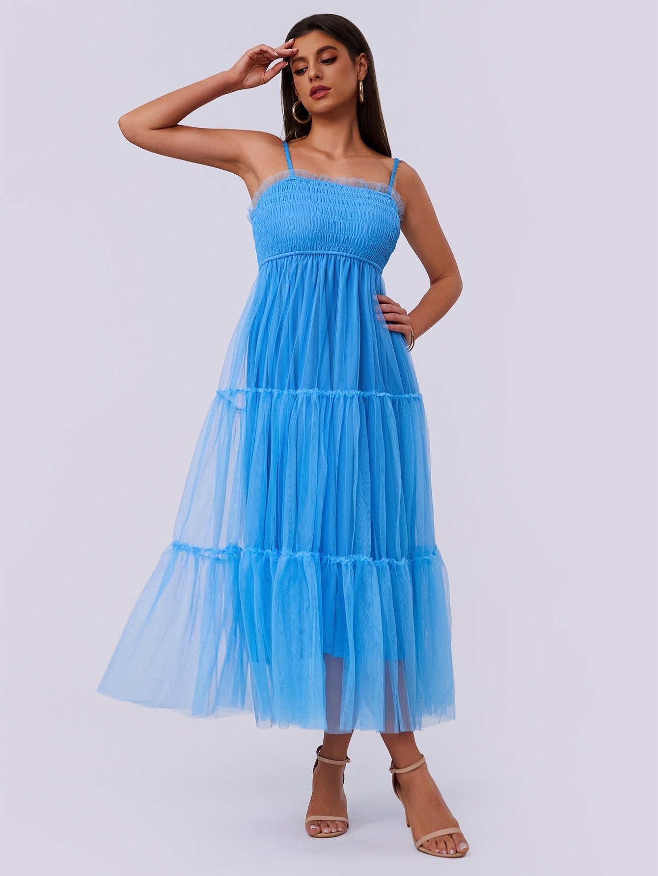 Women Clothing Sling Pleated Mesh Stitching Fluffy Short Sleeve Dress